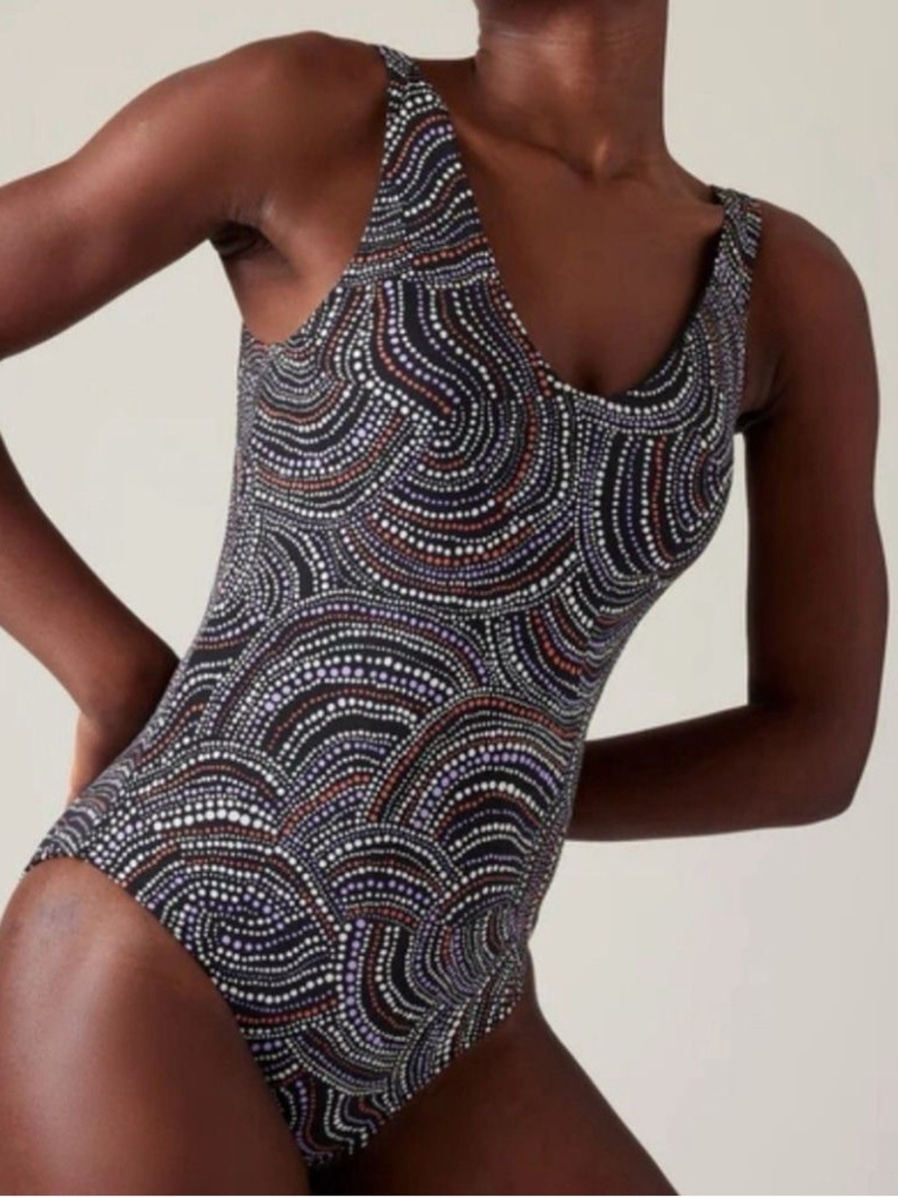 Athleta Seychelles One Piece Swimsuit L V Neck Swirl Polka Dot Black Purple